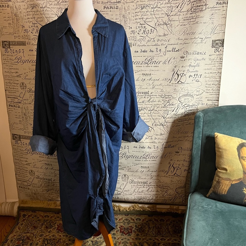 Fashion to Figure Indigo Cotton Low-cut Shirt Dress